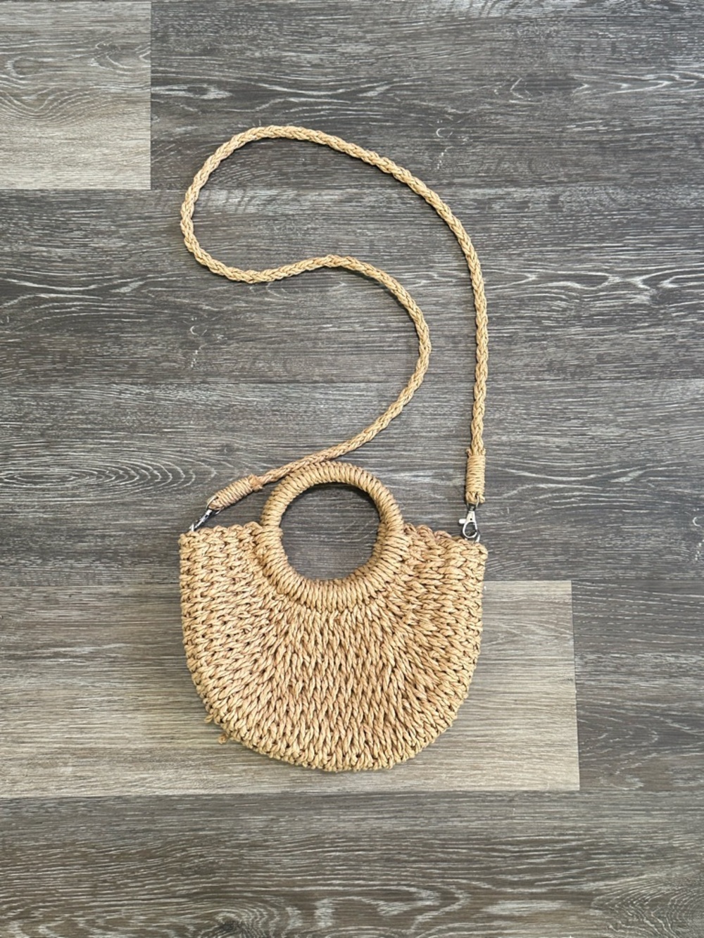 Boho Straw Woven Half Moon Crossbody Bag - Natural Tan Summer Handbag